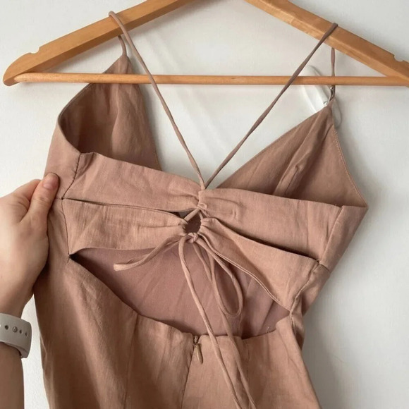 Zara Linen Blend Strappy Open  Back Midi Maxi Dress Beige Tan Brown Size Small - Picture 12 of 16
